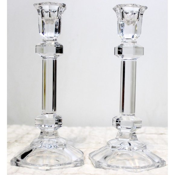 Oslo by Tuscany 8" Lead Crystal Taper Candlestick Pair Wedding Dinner Table - Picture 2 of 8
